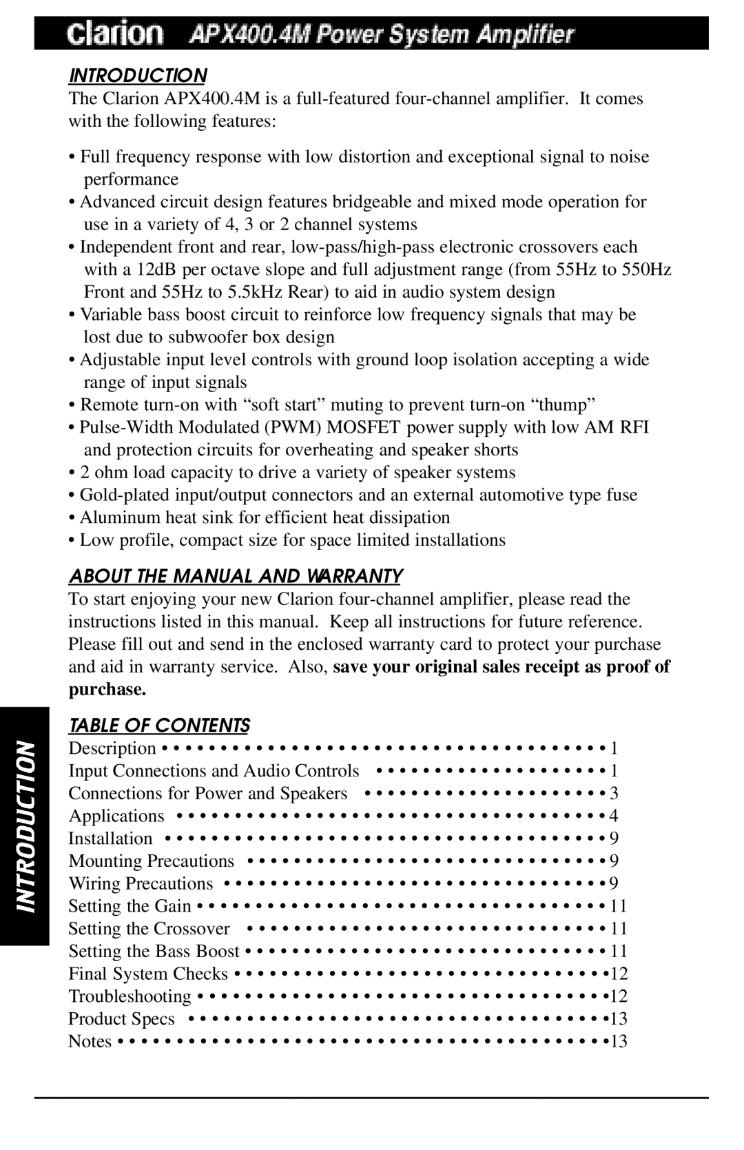 Clarion APX400 manual Introduction, About the Manual and Warranty, Table of Contents 