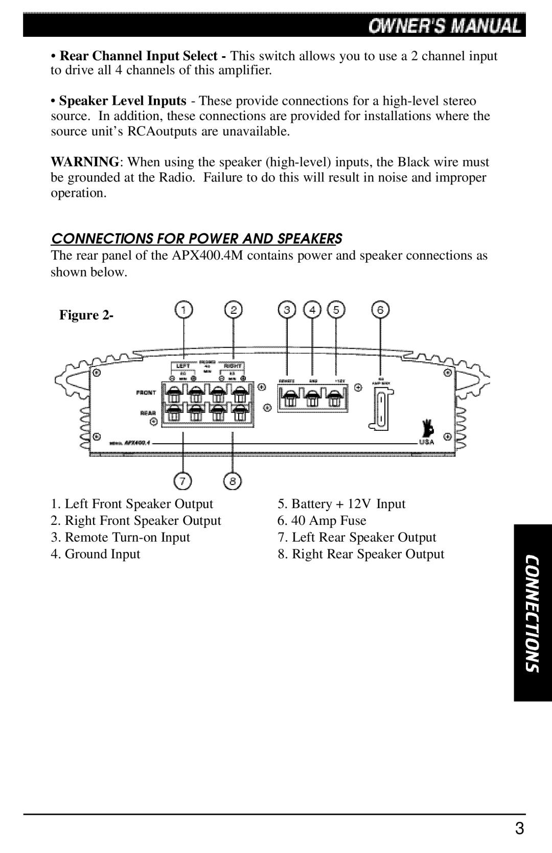 Clarion APX400 manual Connections for Power and Speakers 