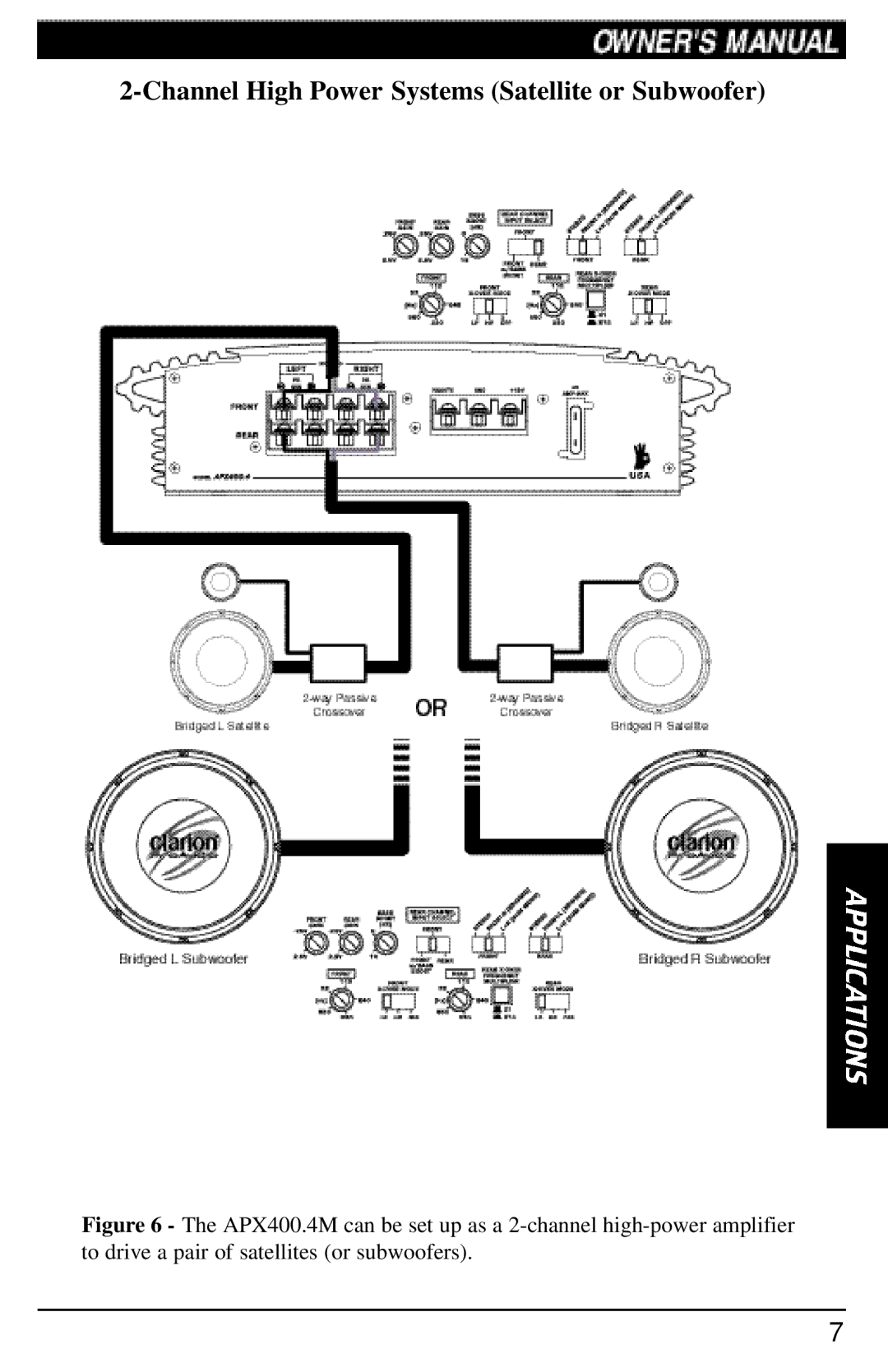 Clarion APX400 manual Channel High Power Systems Satellite or Subwoofer 