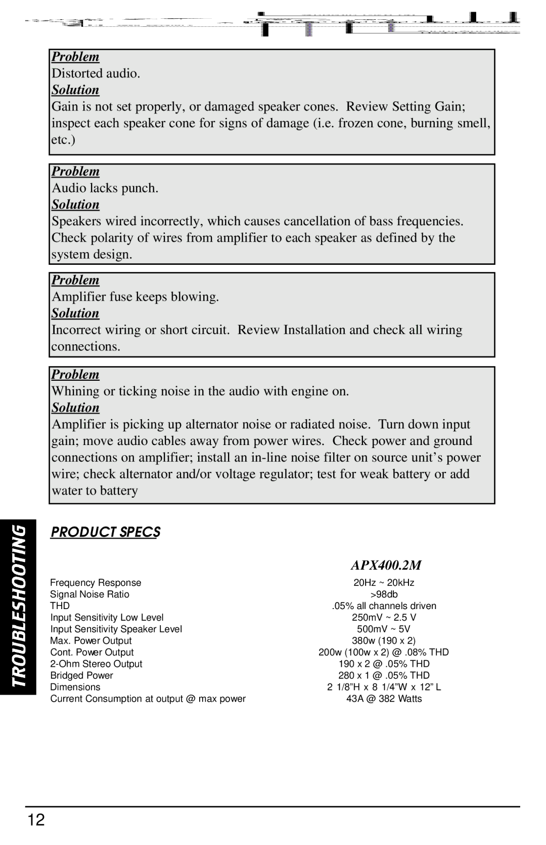 Clarion APX400.2M manual Product Specs 