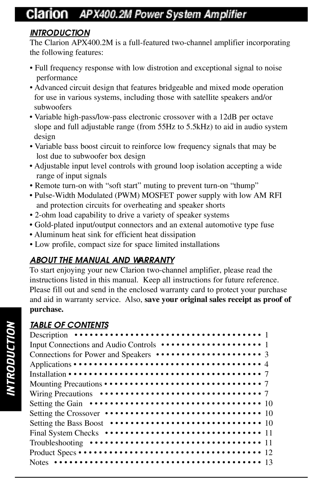 Clarion APX400.2M manual Introduction, About the Manual and Warranty, Table of Contents 