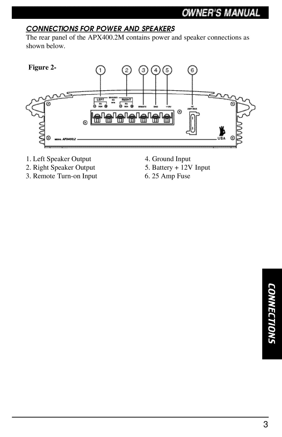 Clarion APX400.2M manual Connections for Power and Speakers 