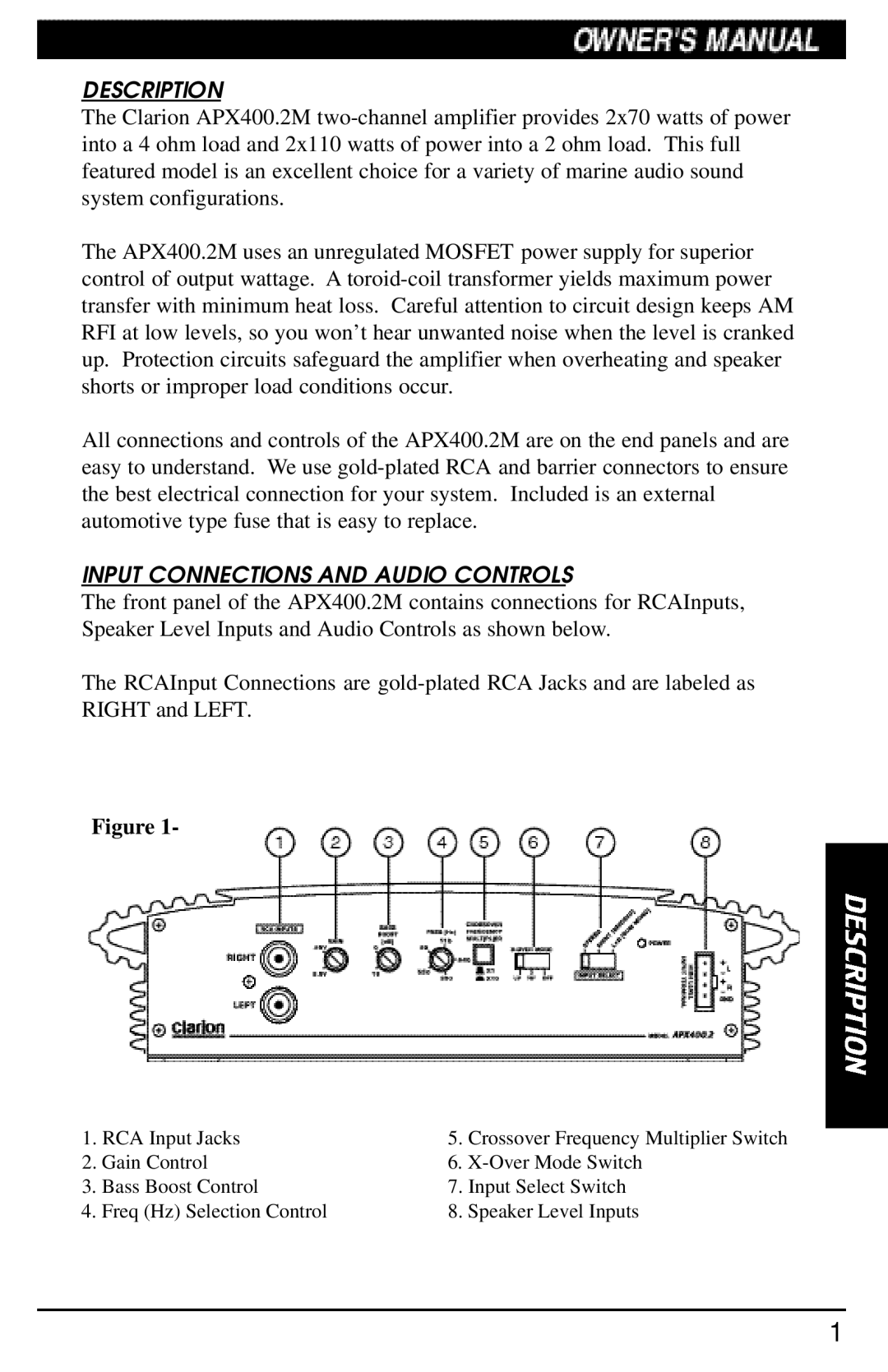 Clarion APX400.2M manual Description, Input Connections And Audio Controls 