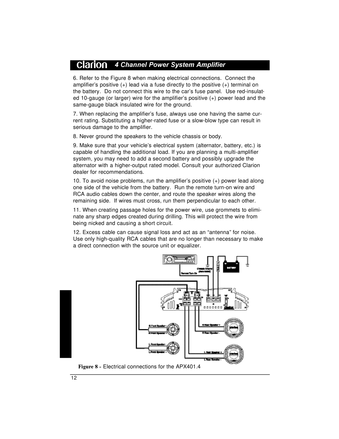 Clarion installation manual Electrical connections for the APX401.4 