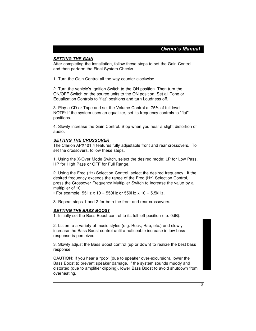 Clarion APX401.4 installation manual Setting the Gain, Setting the Crossover, Setting the Bass Boost 