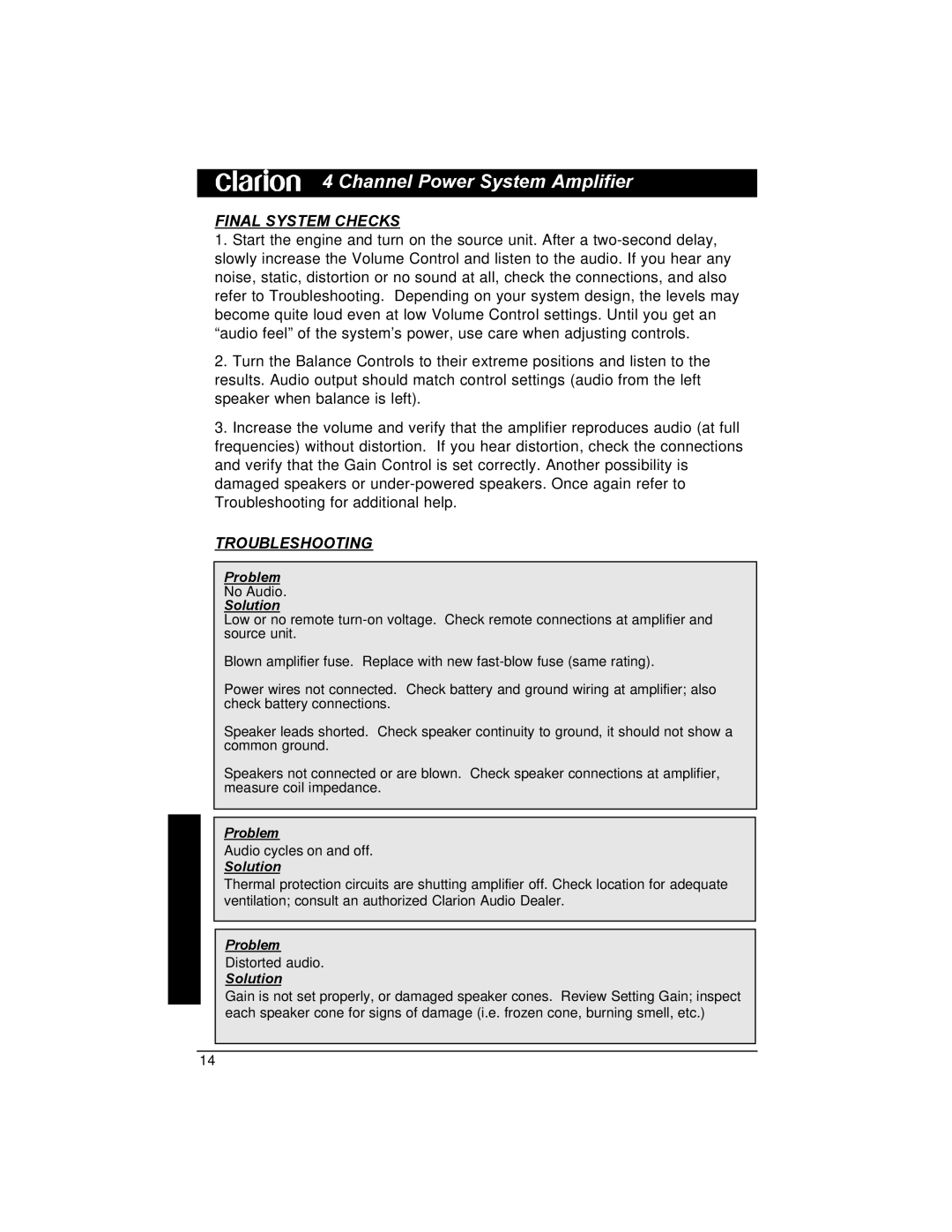 Clarion APX401.4 installation manual Final System Checks, Troubleshooting 