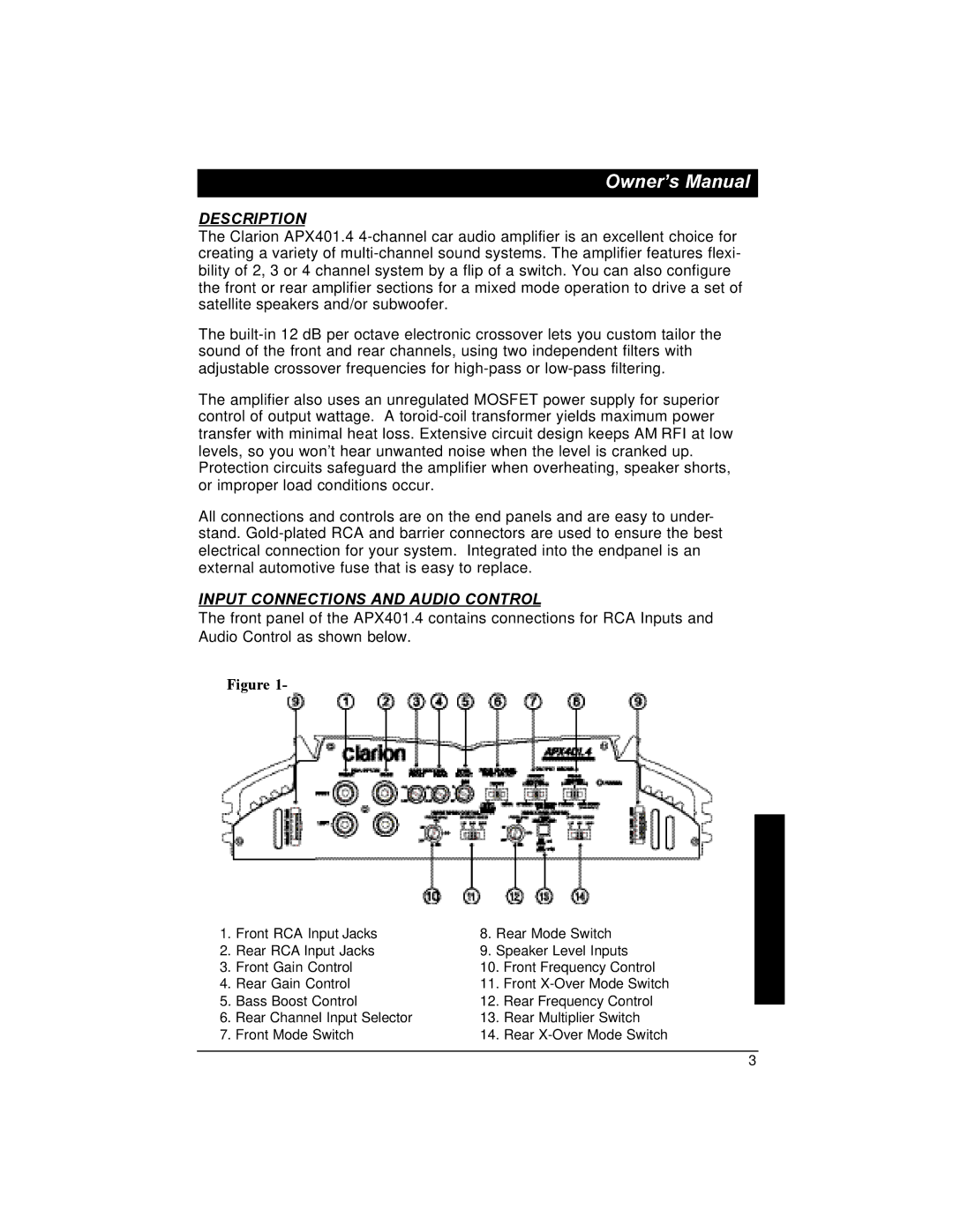 Clarion APX401.4 installation manual Description, Input Connections and Audio Control 