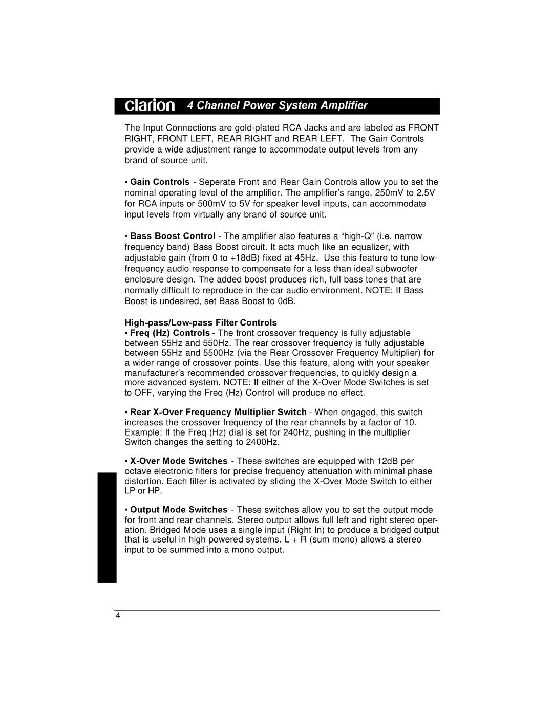 Clarion APX401.4 installation manual High-pass/Low-pass Filter Controls 