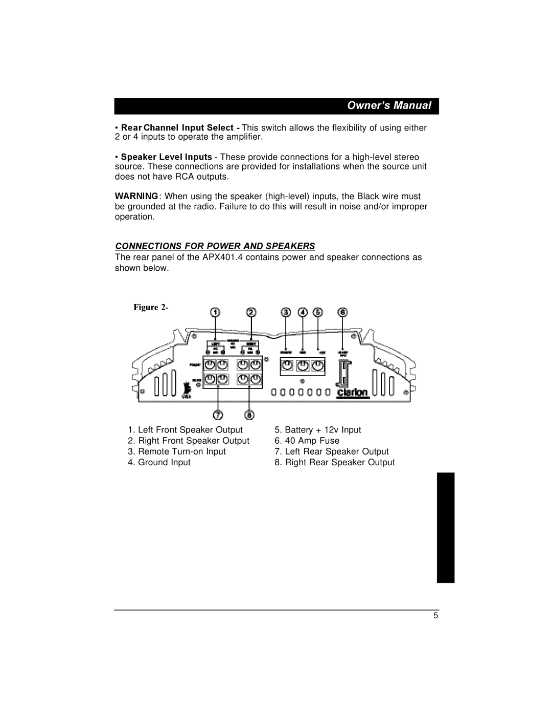 Clarion APX401.4 installation manual Connections for Power and Speakers 