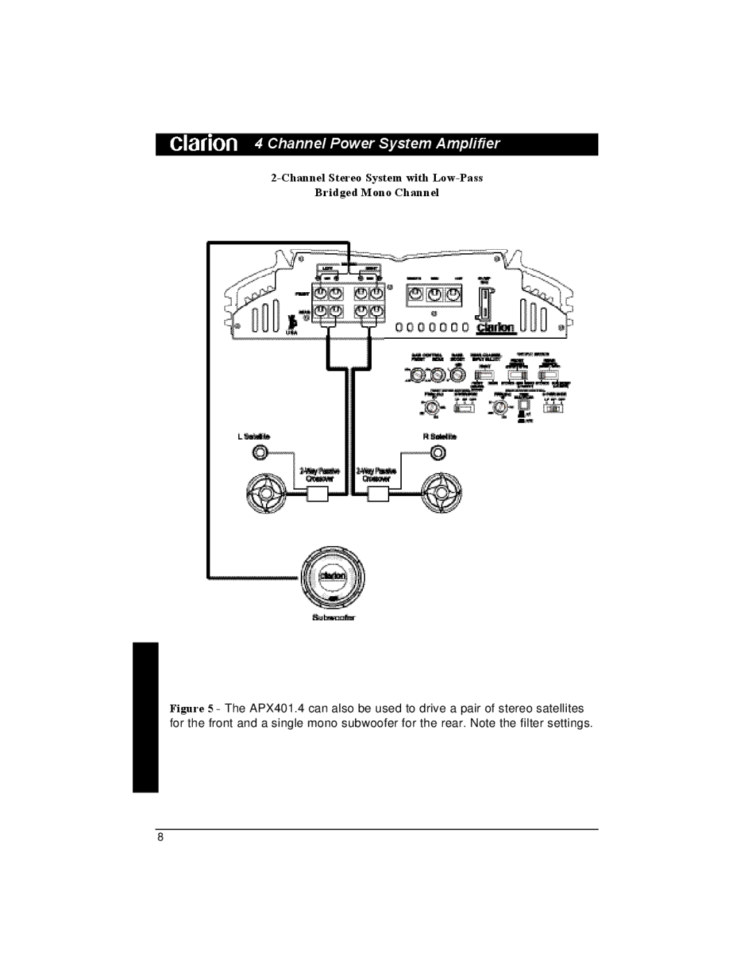 Clarion APX401.4 installation manual Channel Stereo System with Low-Pass Bridged Mono Channel 