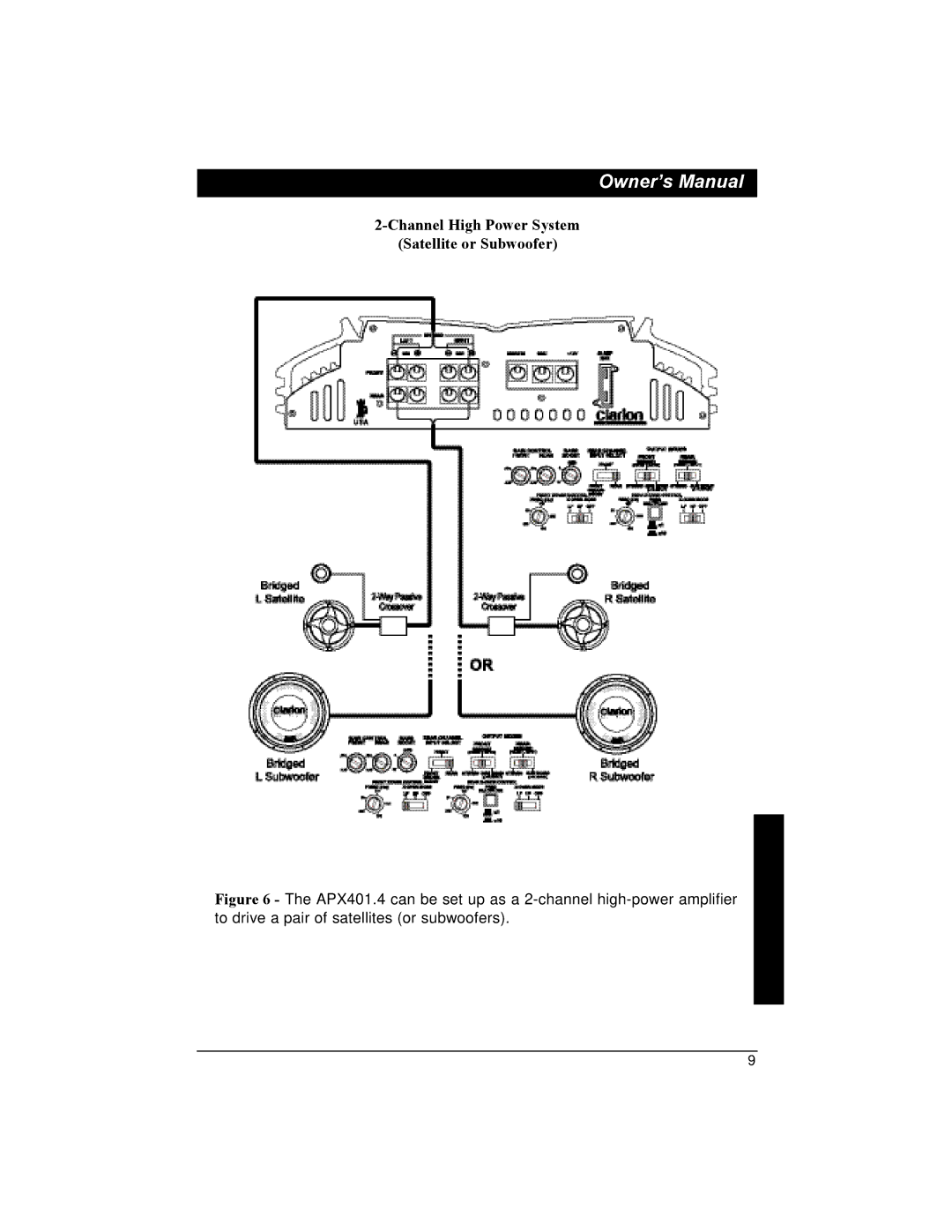 Clarion APX401.4 installation manual Channel High Power System Satellite or Subwoofer 