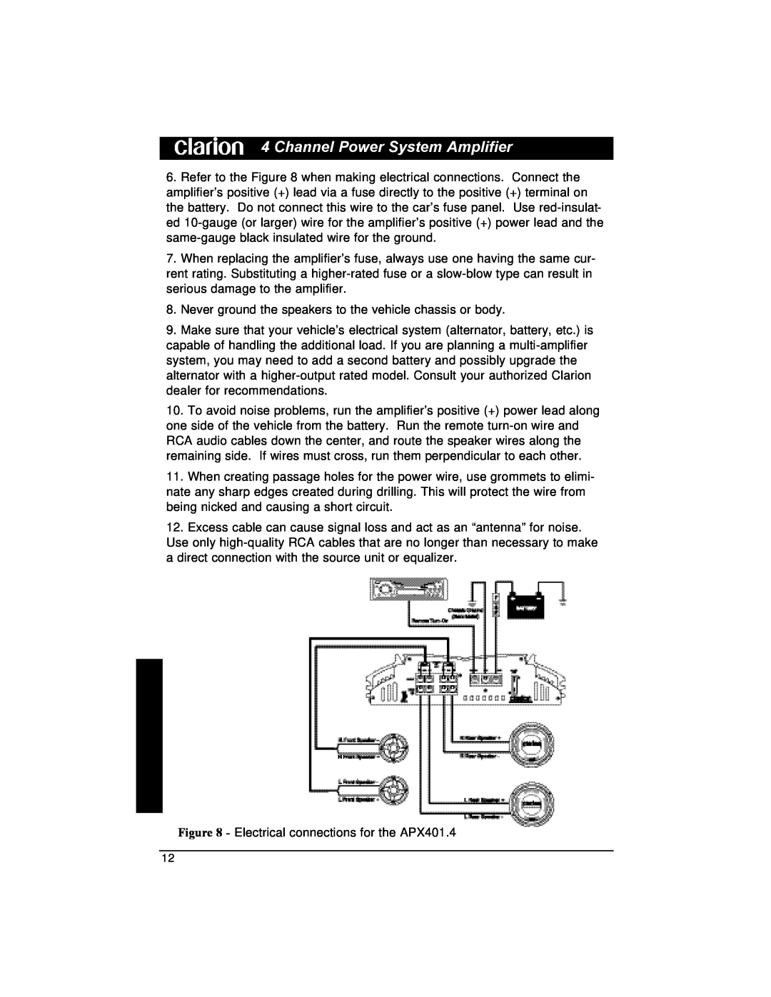 Clarion installation manual Channel Power System Amplifier, Electrical connections for the APX401.4 