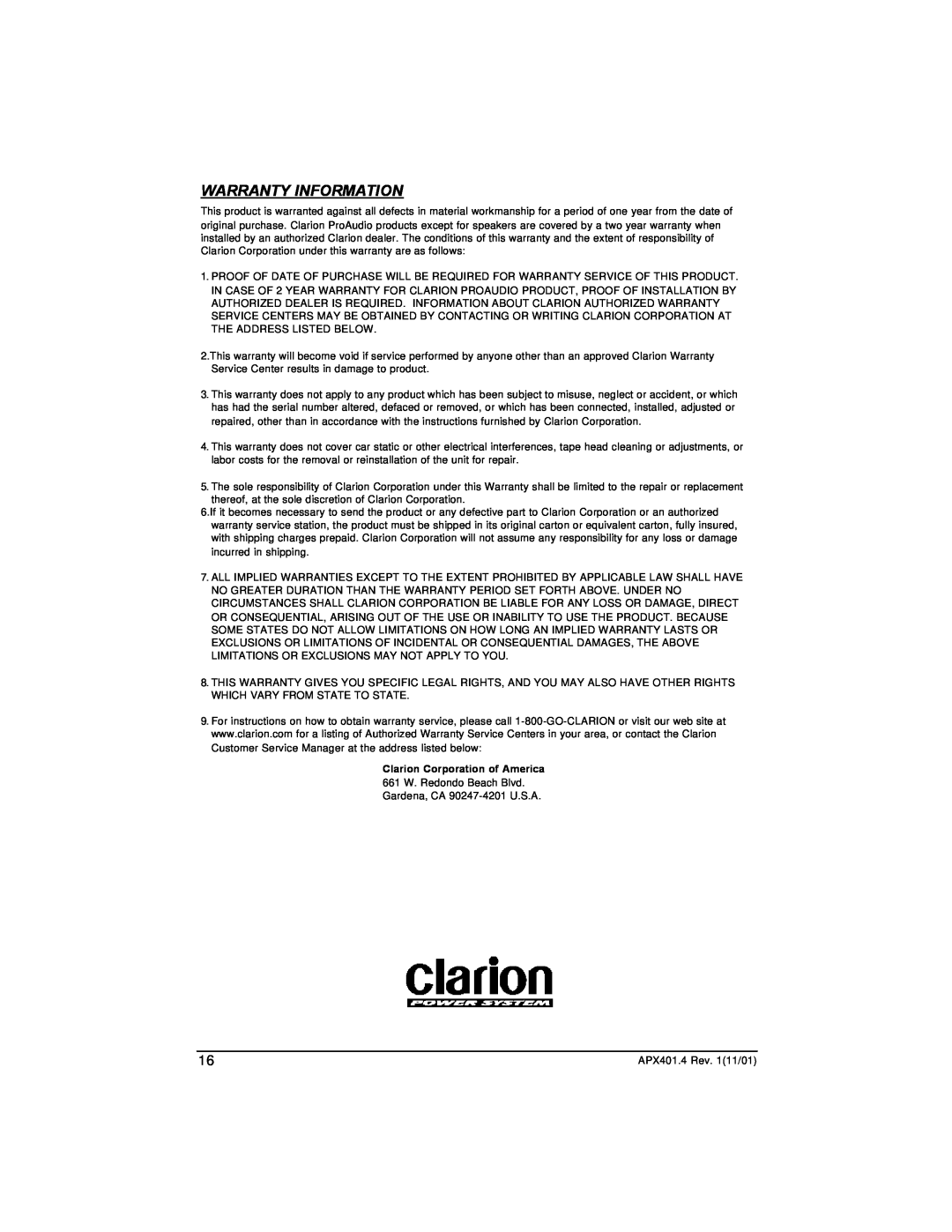 Clarion APX401.4 installation manual Warranty Information, Clarion Corporation of America 