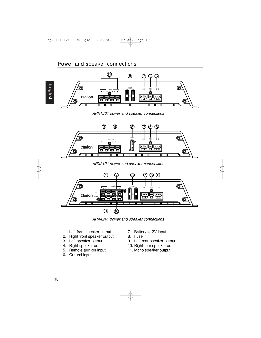 Clarion APX4241 owner manual APX1301 power and speaker connections, APX2121 power and speaker connections 