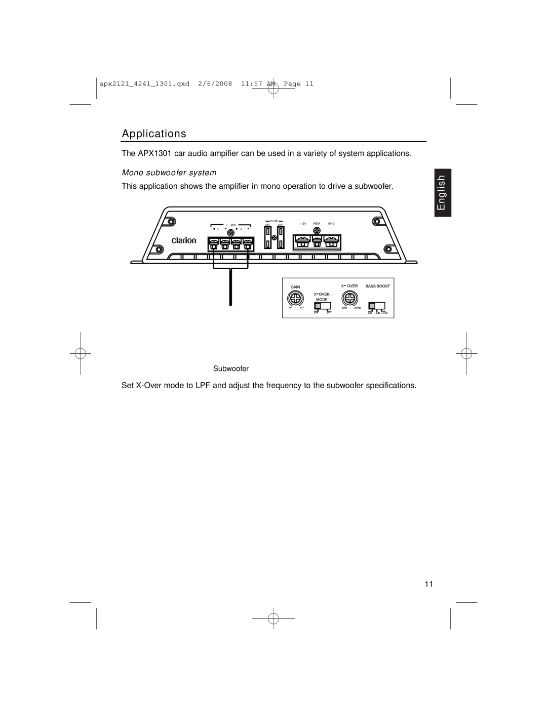 Clarion APX4241 owner manual Applications, Mono subwoofer system 