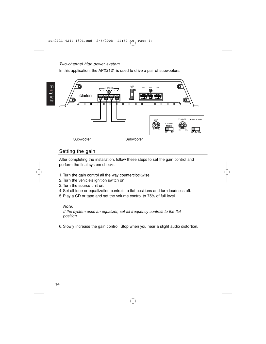 Clarion APX4241 owner manual Setting the gain, Two-channel high power system 