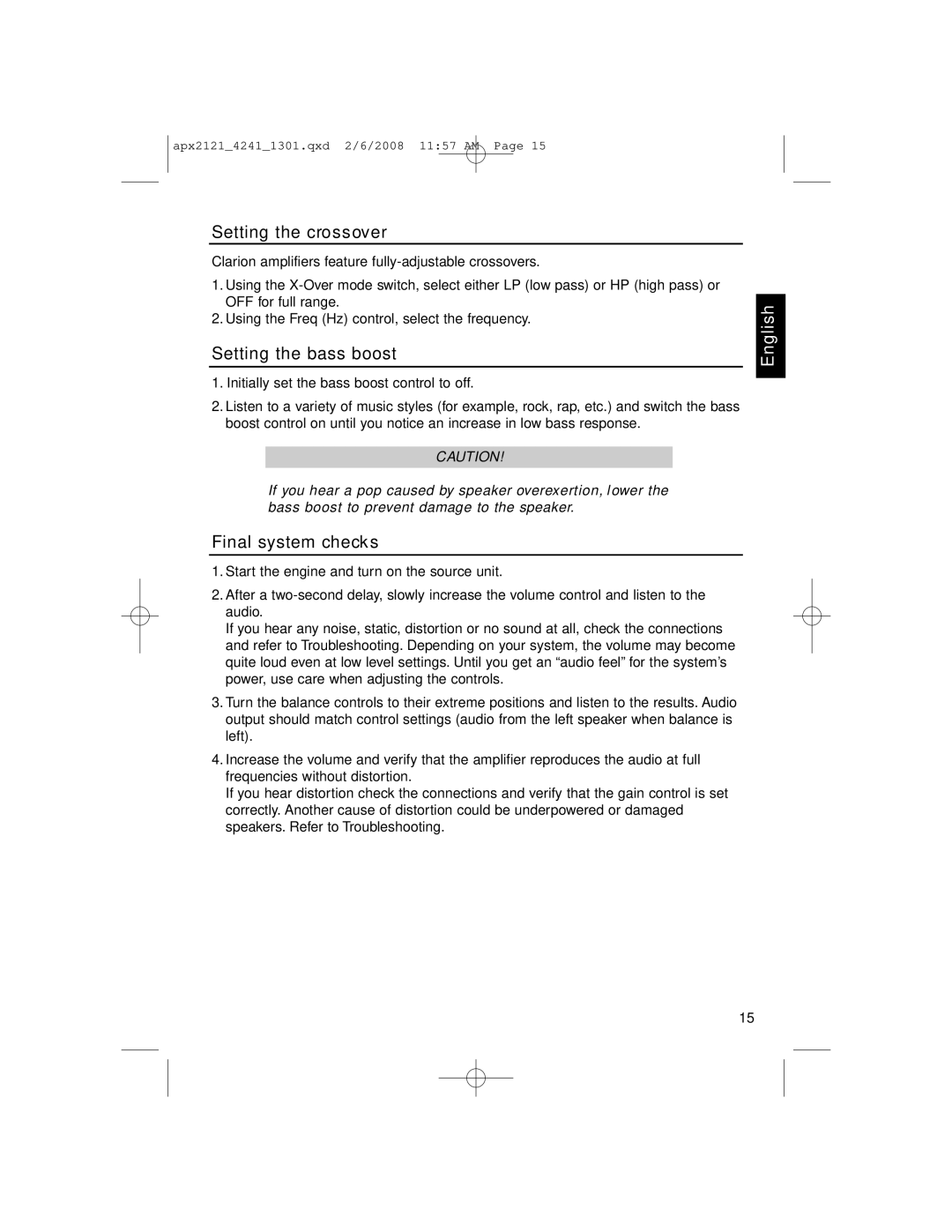 Clarion APX4241 owner manual Setting the crossover, Setting the bass boost, Final system checks 