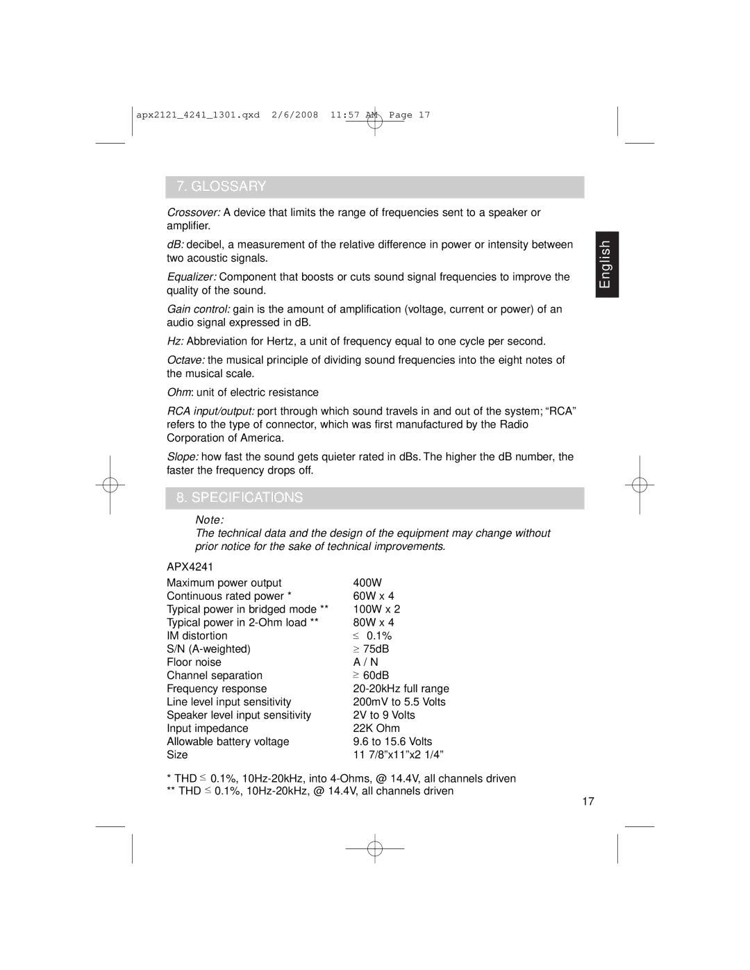 Clarion APX4241 owner manual Glossary, Specifications 