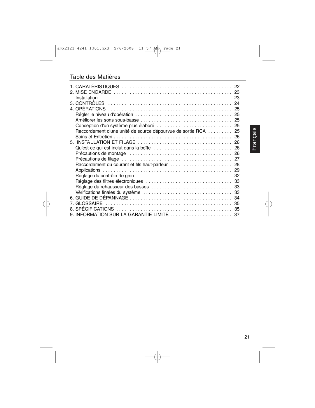 Clarion APX4241 owner manual Table des Matières 