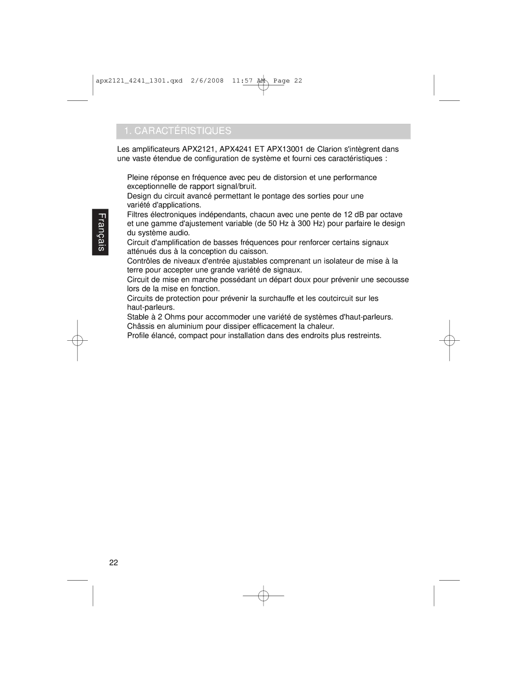 Clarion APX4241 owner manual Caractéristiques 