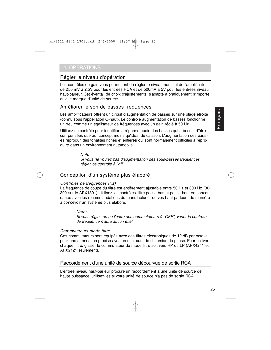 Clarion APX4241 owner manual Opérations, Régler le niveau dopération, Améliorer le son de basses fréquences 