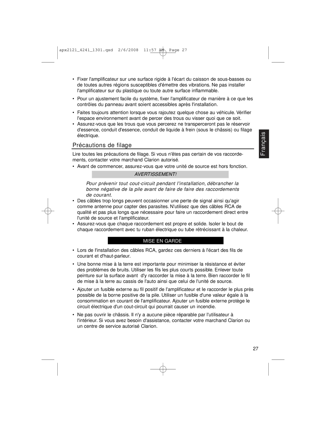 Clarion APX4241 owner manual Précautions de filage, Mise EN Garde 