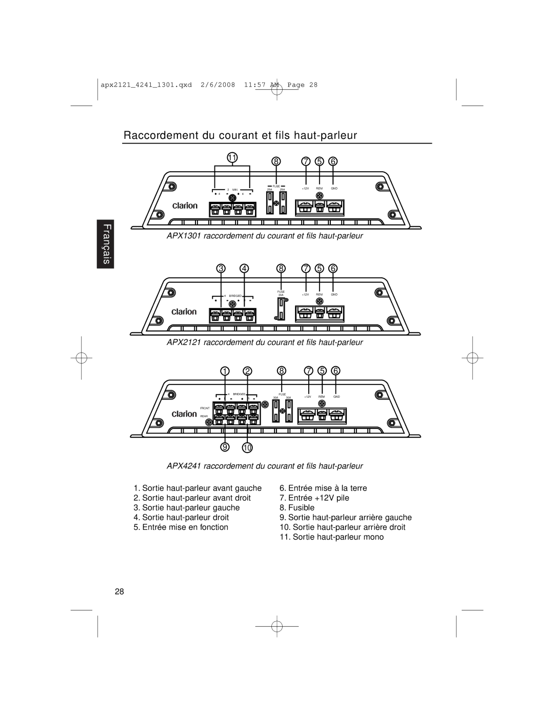 Clarion APX4241 APX1301 raccordement du courant et fils haut-parleur, APX2121 raccordement du courant et fils haut-parleur 