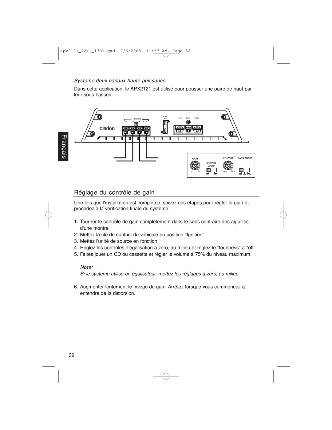 Clarion APX4241 owner manual Réglage du contrôle de gain, Système deux canaux haute puissance 