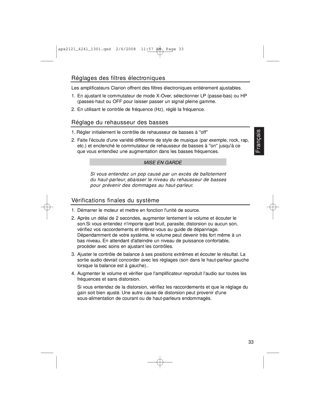 Clarion APX4241 Réglages des filtres électroniques, Réglage du rehausseur des basses, Vérifications finales du système 