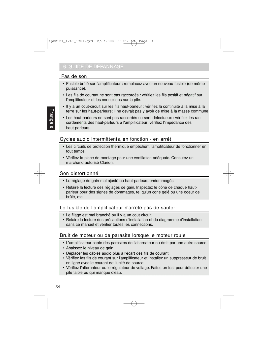 Clarion APX4241 owner manual Guide DE Dépannage 