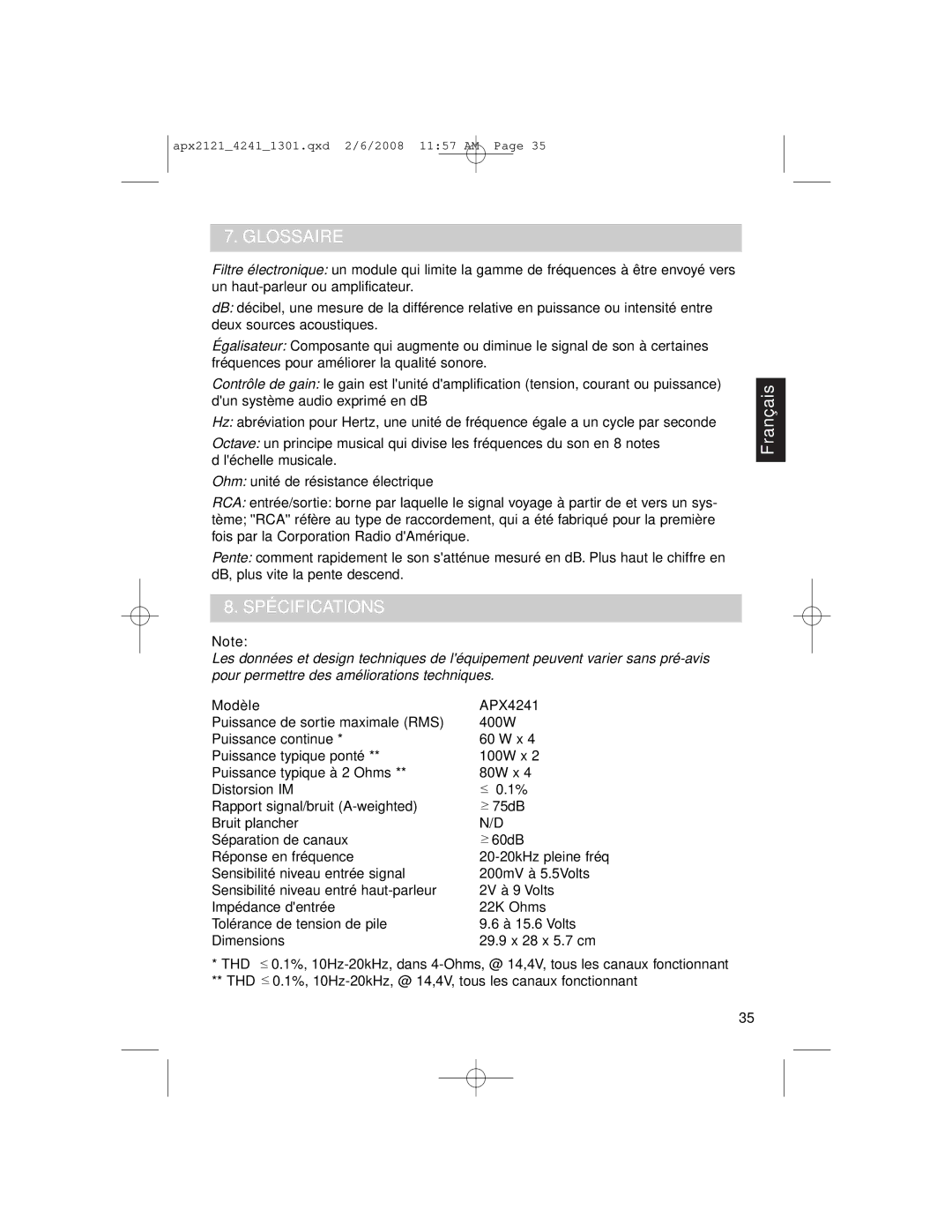 Clarion APX4241 owner manual Glossaire, Spécifications 