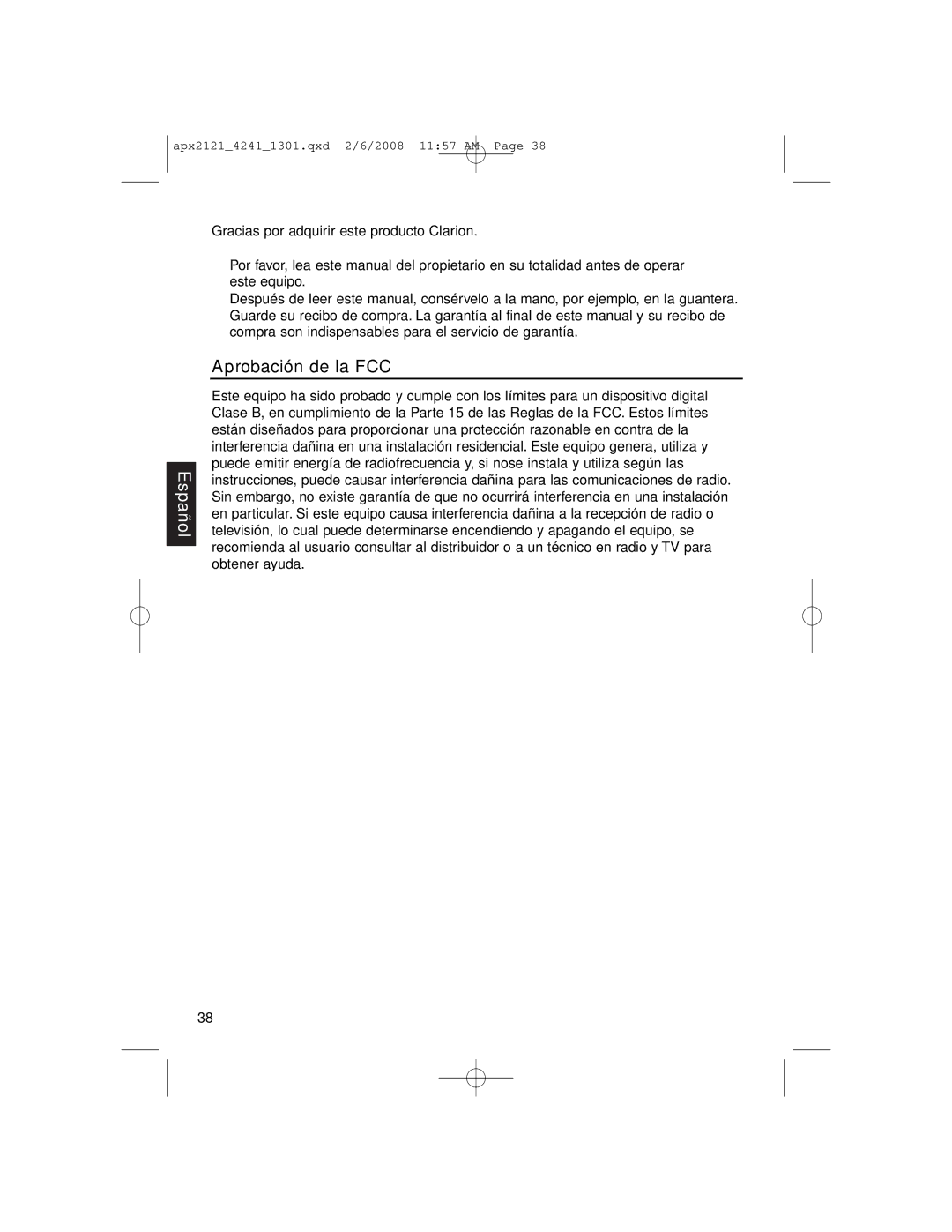 Clarion APX4241 owner manual Español, Aprobación de la FCC 