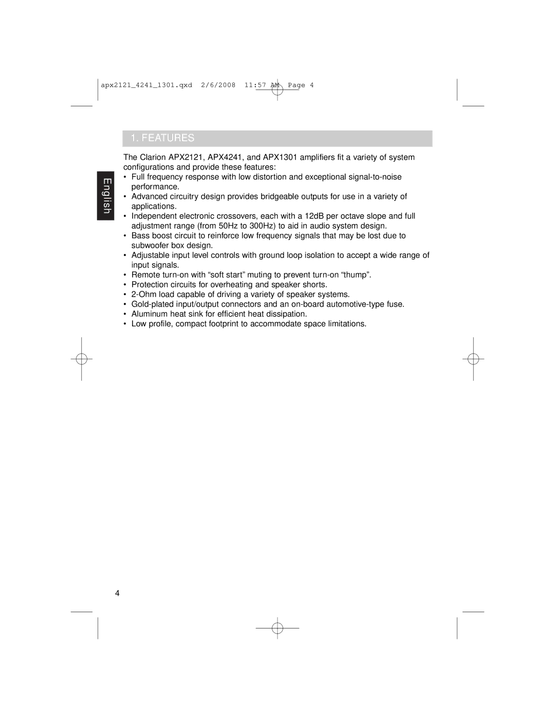 Clarion APX4241 owner manual Features 