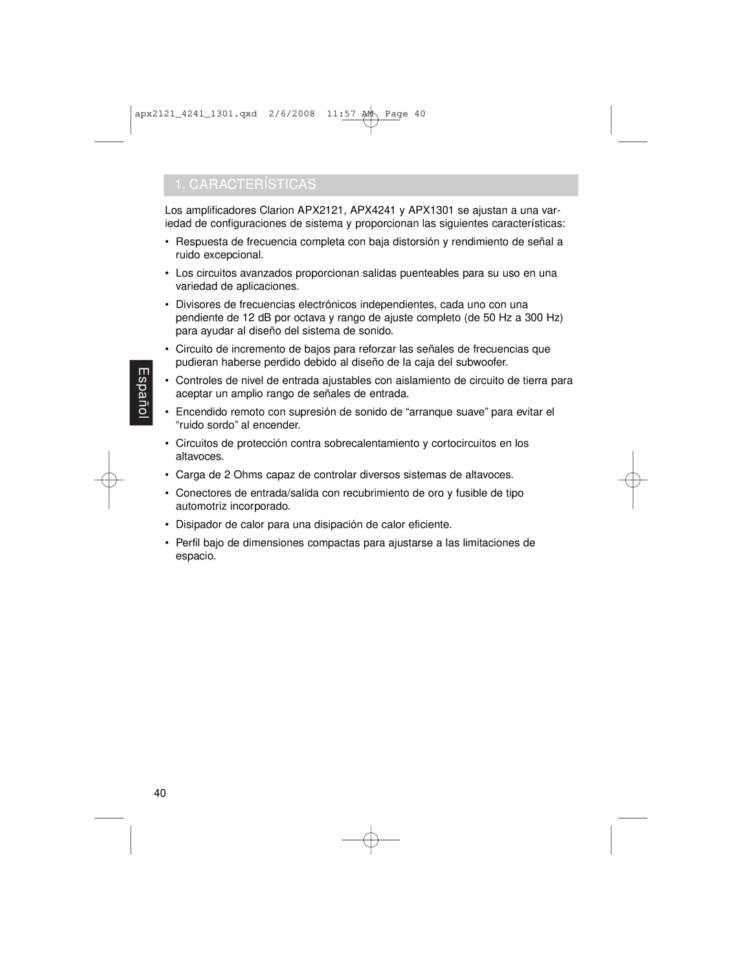 Clarion APX4241 owner manual Características 