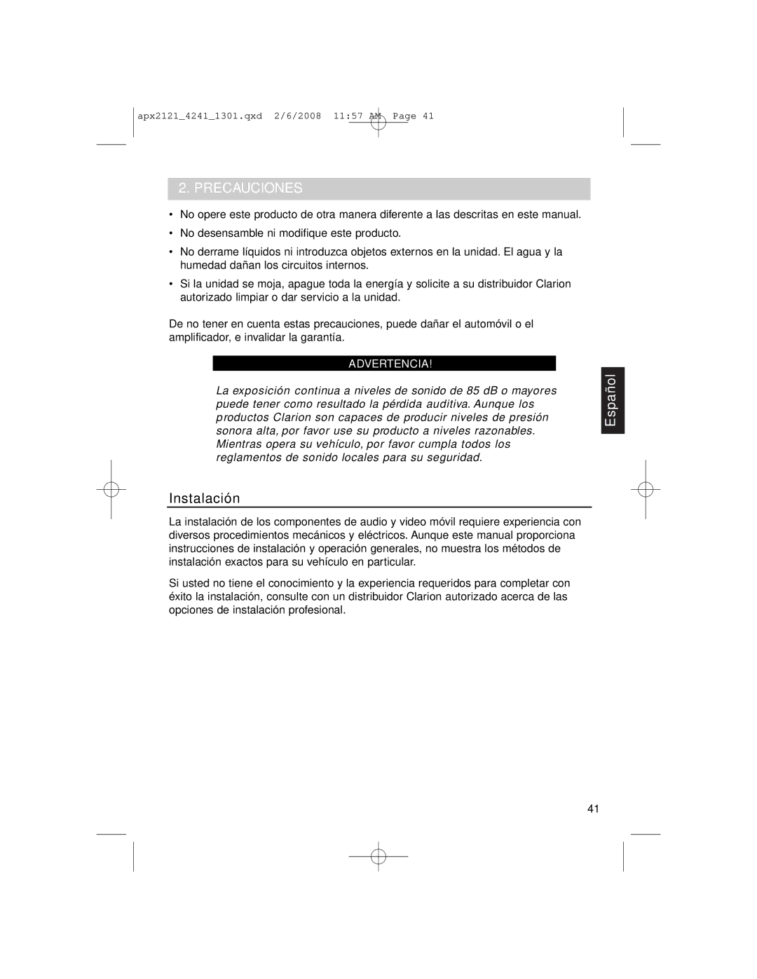 Clarion APX4241 owner manual Precauciones, Instalación 