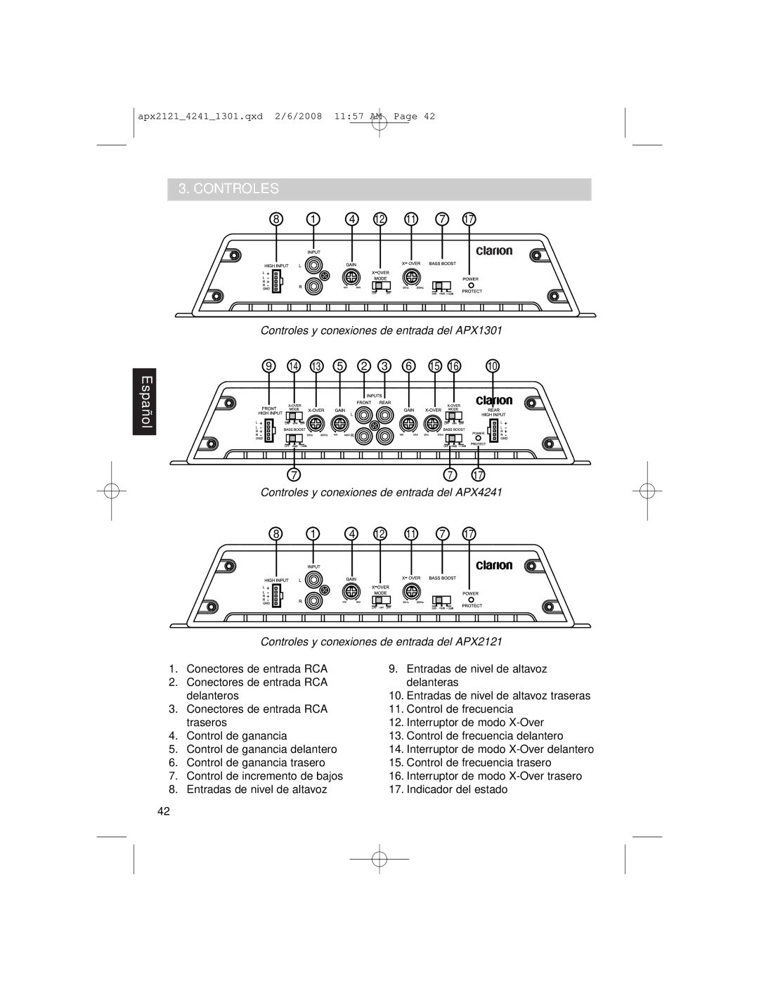 Clarion APX4241 owner manual Controles y conexiones de entrada del APX1301 