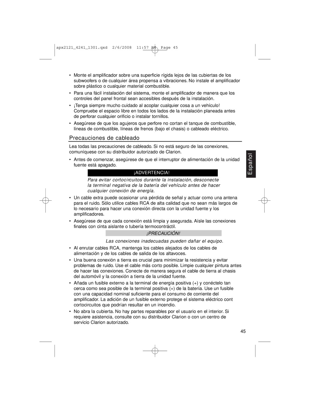 Clarion APX4241 owner manual Precauciones de cableado, Las conexiones inadecuadas pueden dañar el equipo 