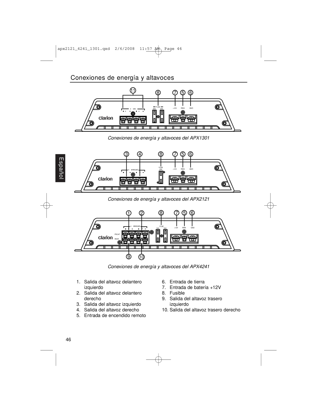 Clarion APX4241 owner manual Conexiones de energía y altavoces del APX1301, Conexiones de energía y altavoces del APX2121 