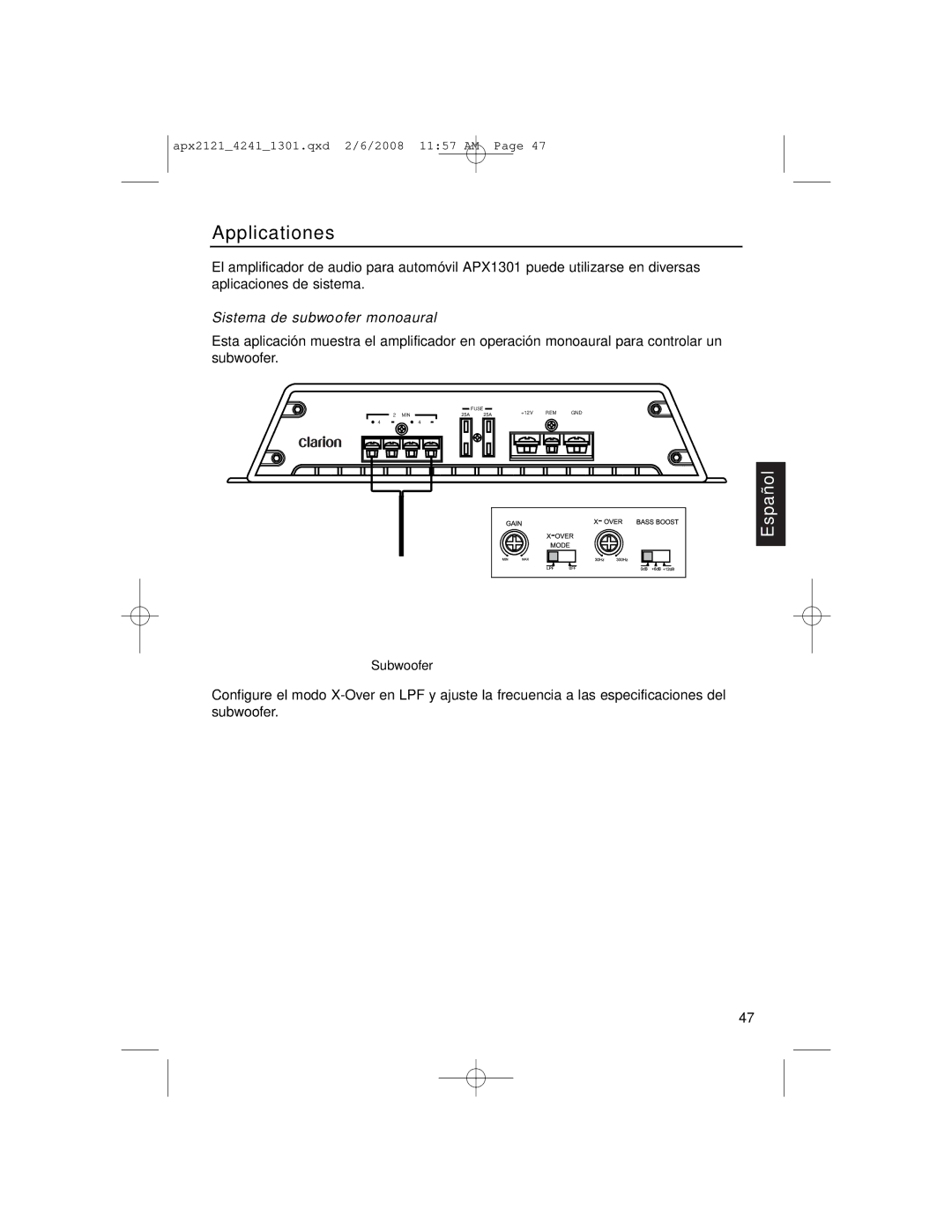 Clarion APX4241 owner manual Applicationes, Sistema de subwoofer monoaural 