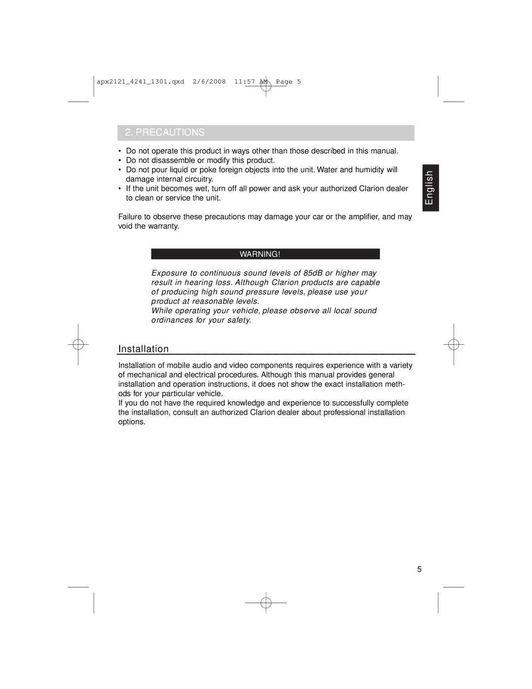 Clarion APX4241 owner manual Precautions, Installation 