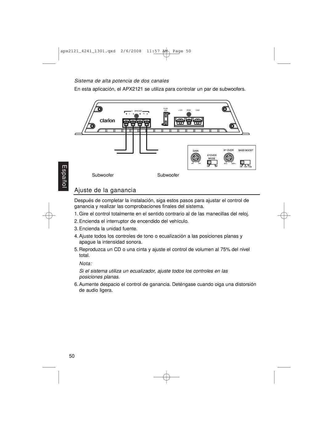 Clarion APX4241 owner manual Ajuste de la ganancia, Sistema de alta potencia de dos canales 