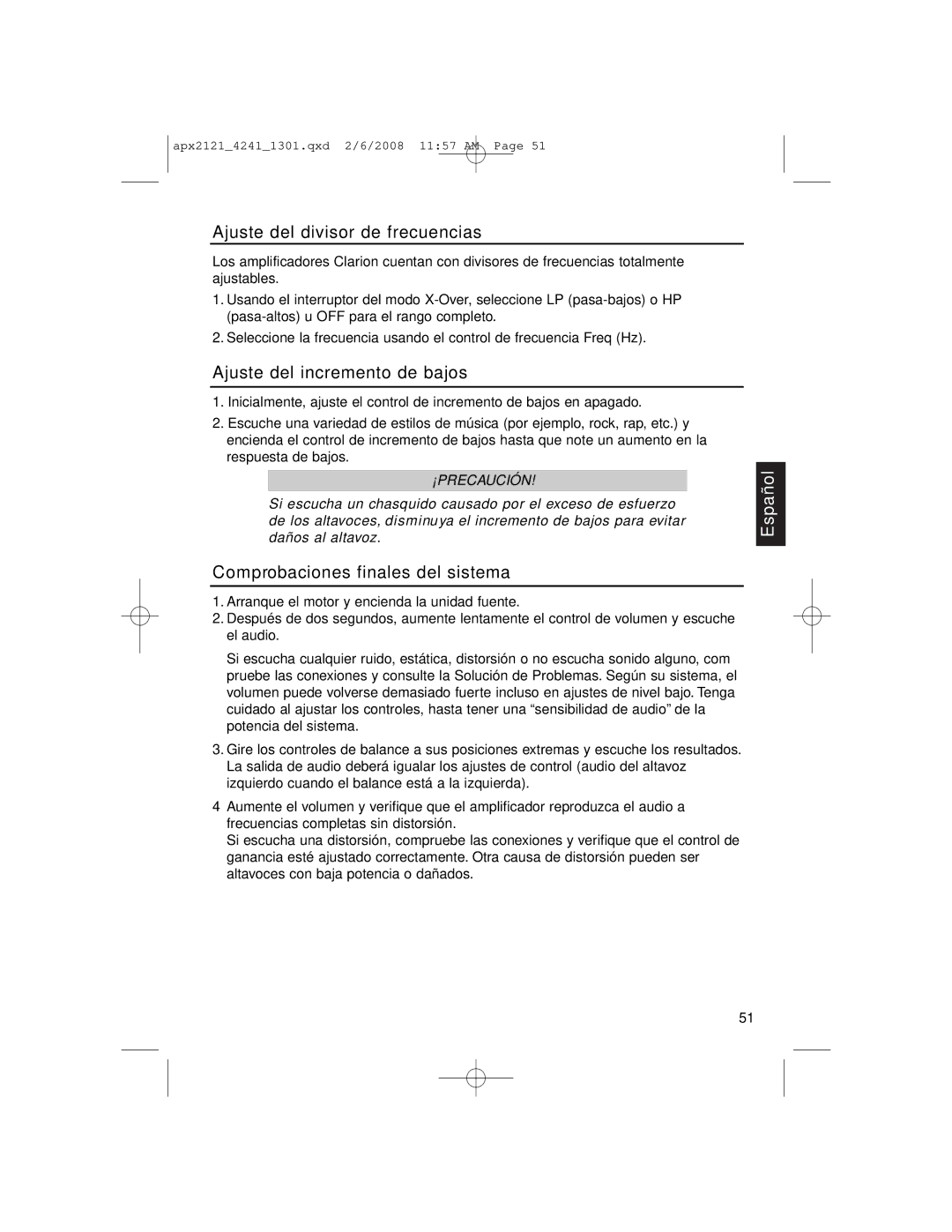 Clarion APX4241 Ajuste del divisor de frecuencias, Ajuste del incremento de bajos, Comprobaciones finales del sistema 