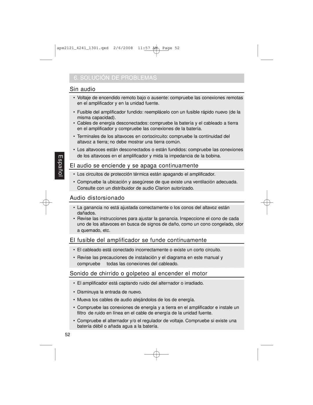 Clarion APX4241 owner manual Solución DE PR Oblemas 