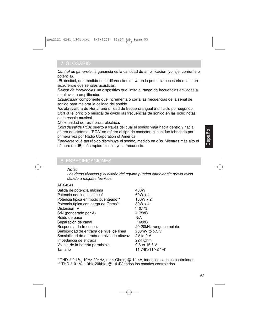 Clarion APX4241 owner manual Glosario, Especificaciones 