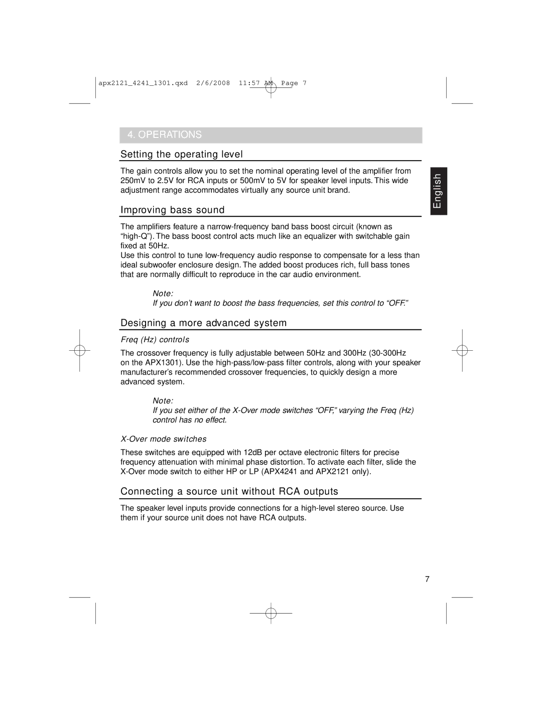 Clarion APX4241 Operations, Setting the operating level, Improving bass sound, Designing a more advanced system 