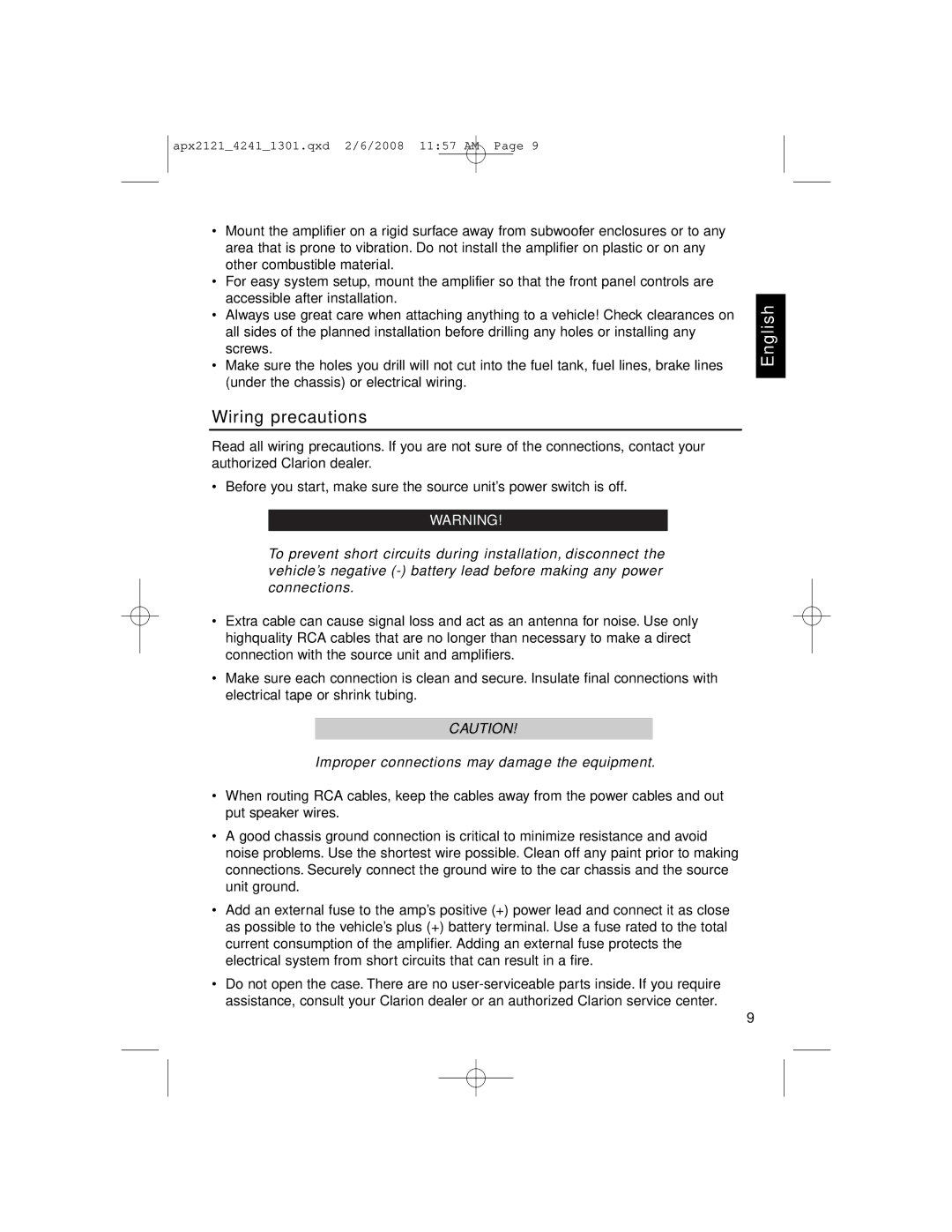 Clarion APX4241 owner manual Wiring precautions, Improper connections may damage the equipment 