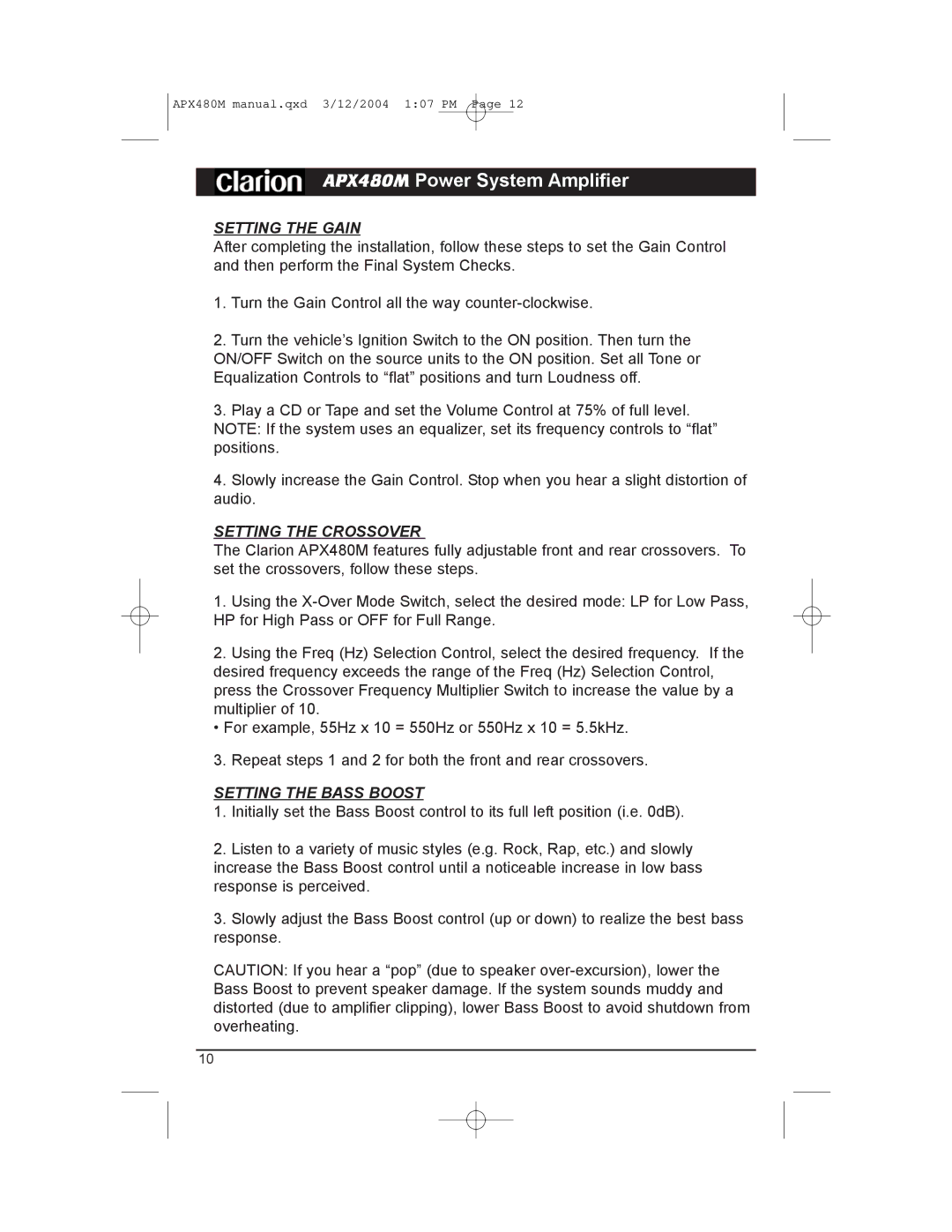 Clarion APX480M manual Setting the Gain, Setting the Crossover, Setting the Bass Boost 