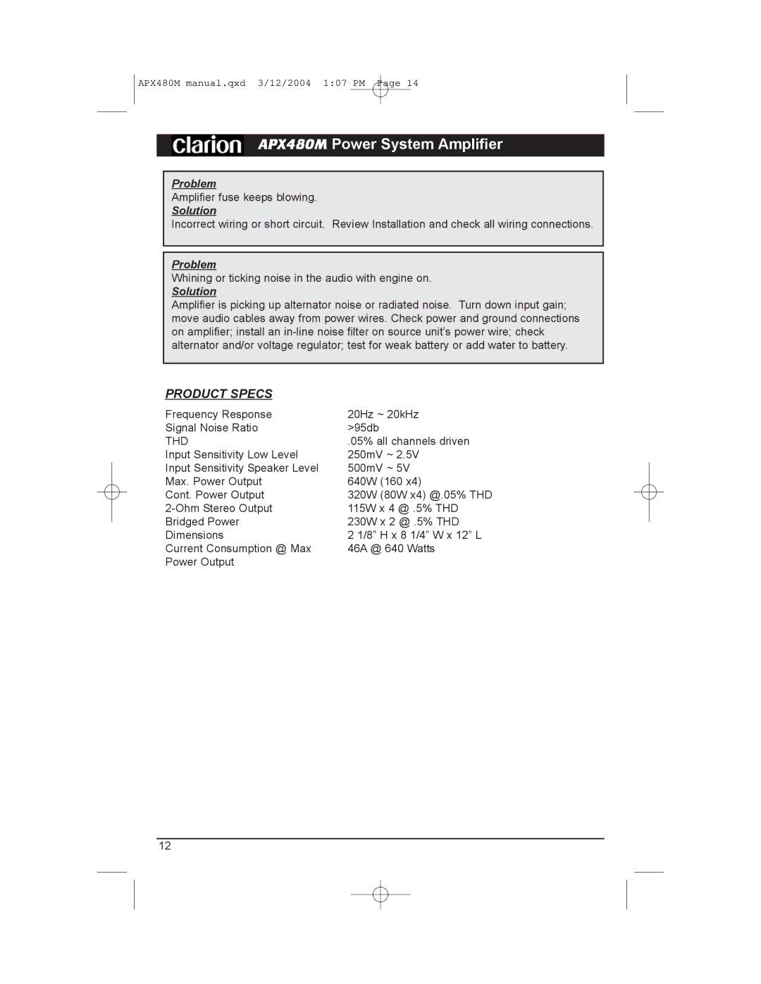 Clarion APX480M manual Product Specs, Thd 