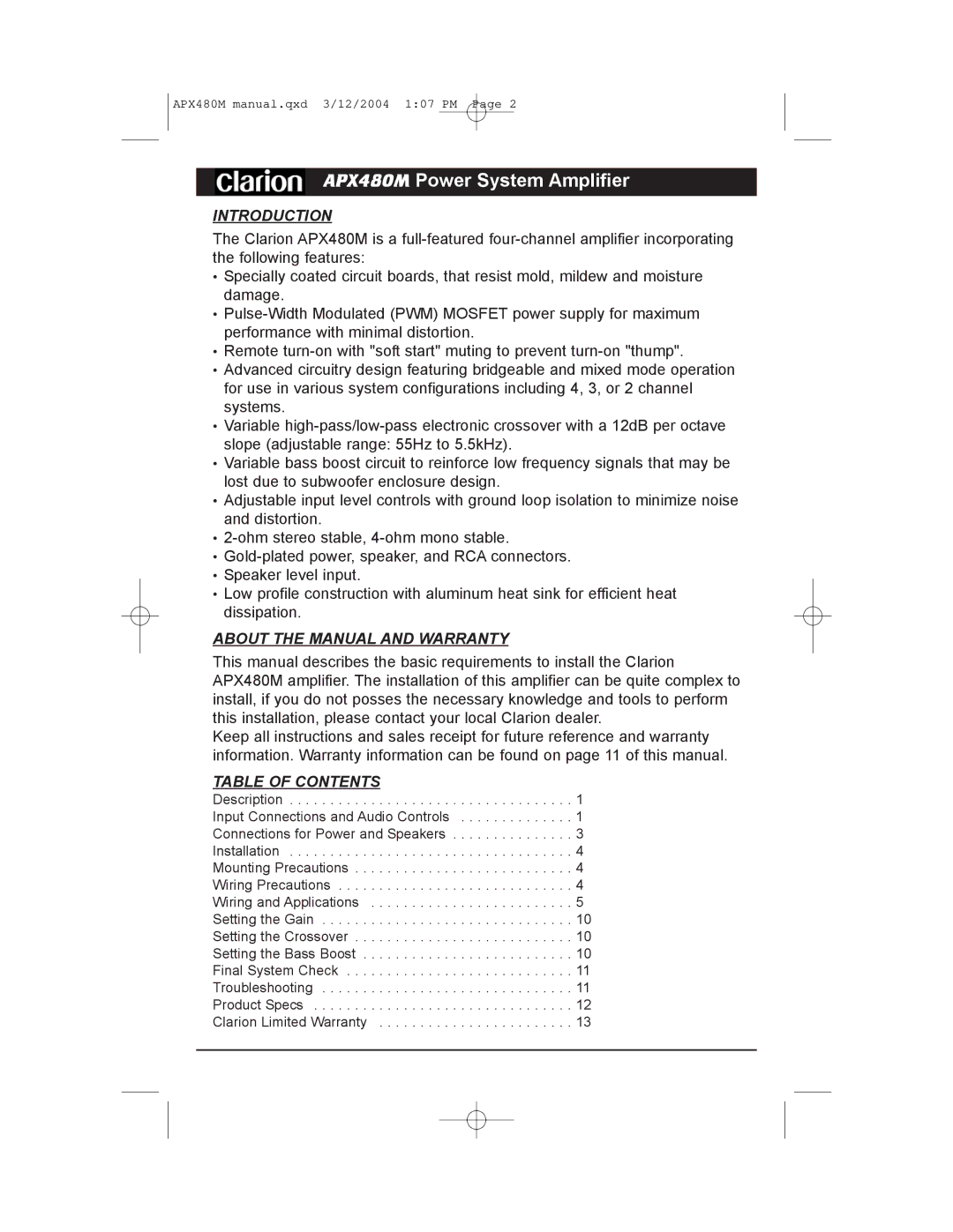 Clarion APX480M manual Introduction, About the Manual and Warranty, Table of Contents 