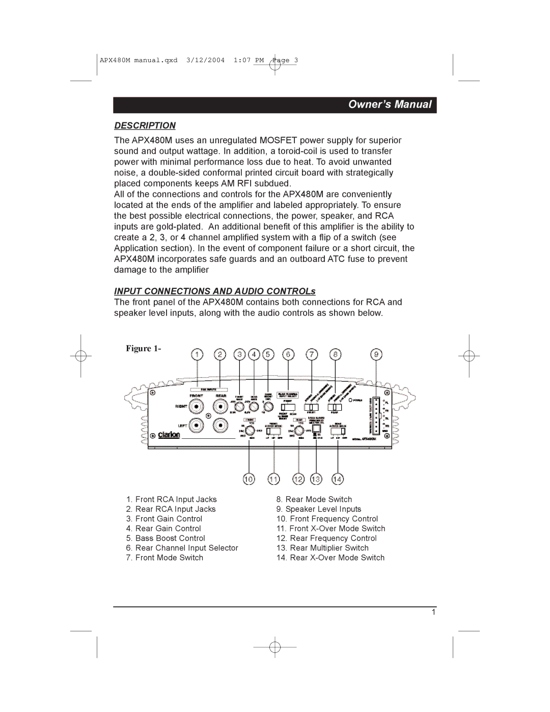 Clarion APX480M manual Description, Input Connections and Audio CONTROLs 